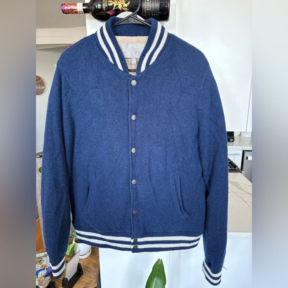 Neiman Marcus 100% Cashmere Varsity Bomber Jacket – Navy – Size M